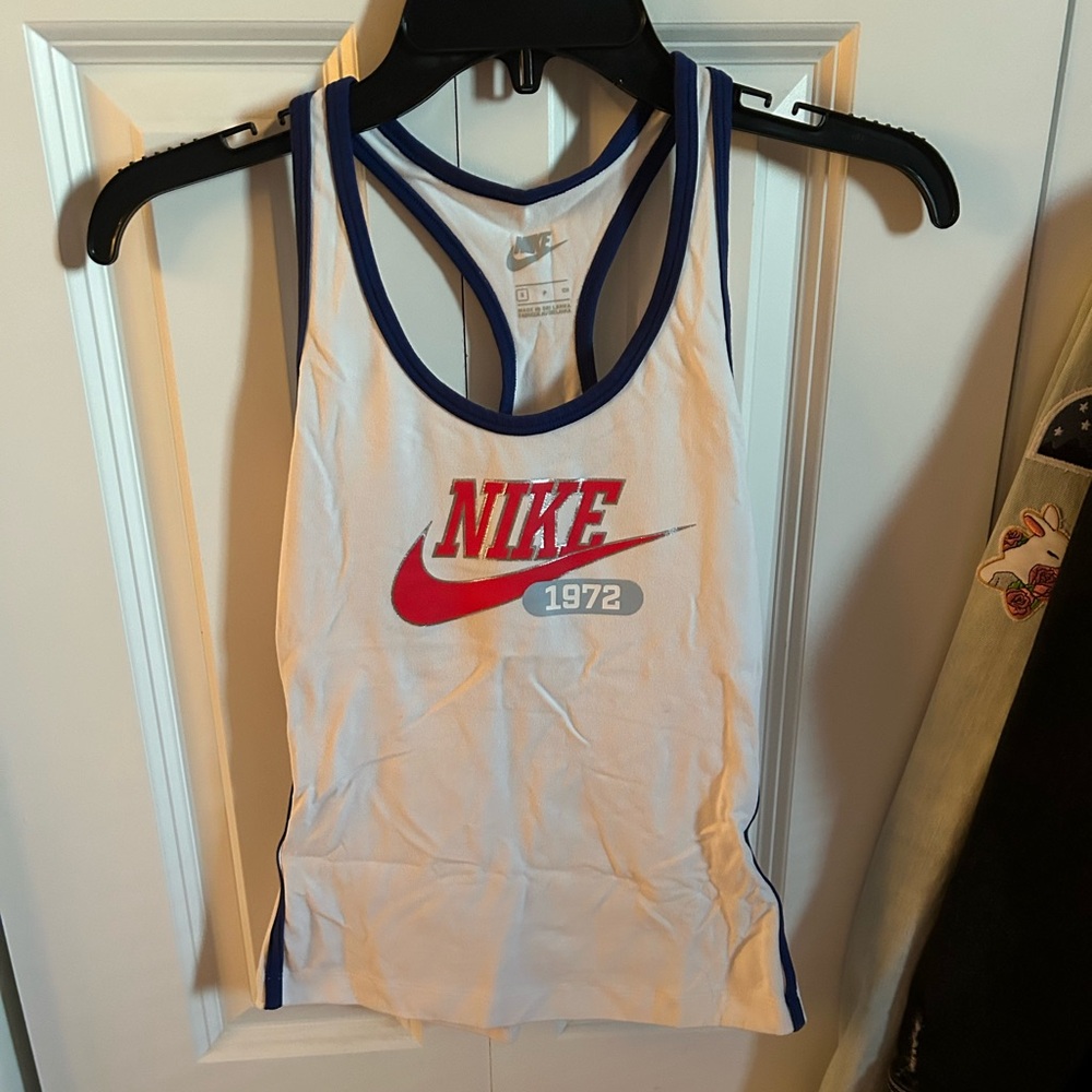 Nike White Tank Top with Blue Trim and Red Logo